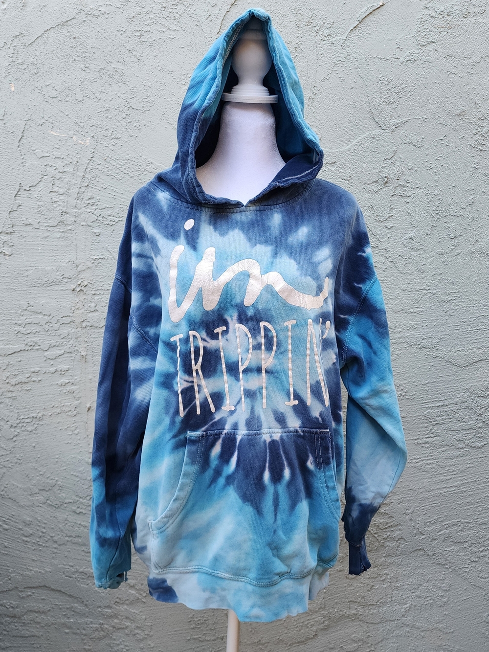Blue Tie Dye Hoodie Sweatshirt I'm Trippin Graphic Women's [L]